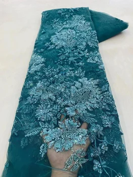Синяя Роскошная Африканская Кружевная ткань с тяжелым бисером 2023, Высококачественная 5 Ярдов, Нигерийский тюль с пайетками, 3D ткань, материал для Свадьбы