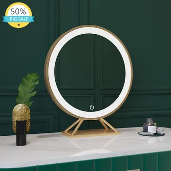 Скандинавское зеркало для макияжа со светодиодной подсветкой, золотая металлическая рамка, Роскошные умные корейские декоративные зеркала для ванной комнаты, аксессуары для декора
