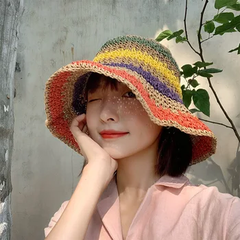 Соломенная радужная шляпа от солнца ручной работы для дам на летние каникулы, на пляж, красочная шляпа, Складные Пляжные шляпы, Женские шляпы от Солнца
