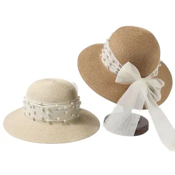 Соломенная шляпа с кружевной лентой, Уличная кепка-котелок с широкими полями, Украшенная бисером, Солнцезащитные шляпы с козырьком, шляпы для женщин