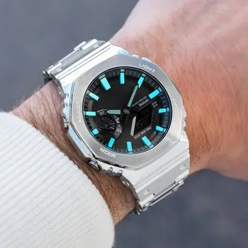 Спортивные Цифровые кварцевые мужские часы GM 2100, Оригинальные ударные часы, полнофункциональный циферблат из светодиодного сплава, мировое время, серия Silver Oak
