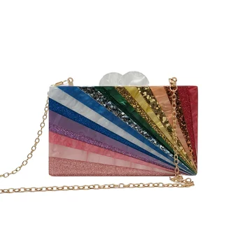 Стильные разноцветные акриловые вечерние сумки, модный клатч в полоску с блестками, красочная сумочка для выпускного вечера, повседневная сумочка на цепочке