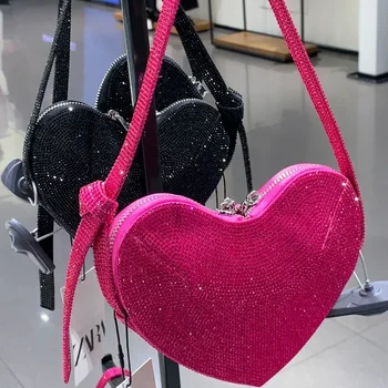 Сумка в форме сердца, сумка в форме сердца ко Дню Святого Валентина, яркая бриллиантовая мини-сумка для вечеринки, сумка через плечо, подарок из синтетической кожи