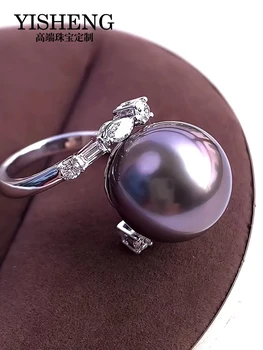 Таити, черный жемчуг, фиолетовое кольцо, 18-каратное золото, бриллиант 15-16 мм, натуральный жемчуг морской воды, женский наконечник