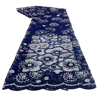 Темно-синяя Кружевная ткань с французскими пайетками 2023, Высококачественная 5 Ярдов Нигерийская Кружевная ткань, Африканский Тюль, Кружевная ткань для вечернего платья