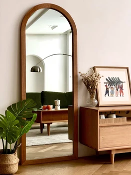 Туалетное зеркало в скандинавском стиле в стиле ретро, арочное зеркало из вишневого дерева, длиной до пола, Простое настенное украшение для спальни