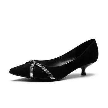 Туфли-лодочки на тонком высоком каблуке Женская обувь женские туфли-лодочки из флока без застежки с острым носком 3,5 см, стразы на мелком каблуке, zapatos de mujer, черные