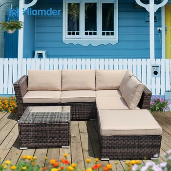 Уличный ротанговый диван, Плетеная мебель для патио из 4 предметов, Всепогодный Коричневый Плетеный ротанговый стул со столом из закаленного стекла для сада