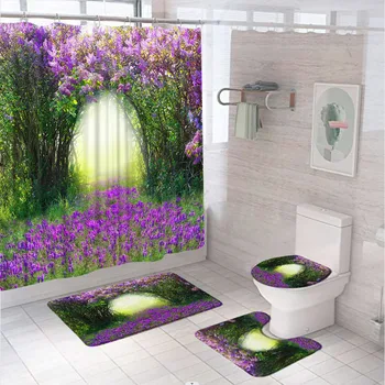 Фиолетовые цветы Виноградная лоза, Занавеска для душа в ванной, Садовый пейзаж, Тканевый экран, противоскользящий коврик для ванной, Крышка унитаза, Ковер, Коврик для дома