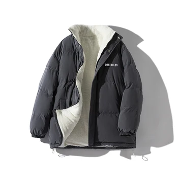 Флисовое утепленное Мужское зимнее пальто с буквенным рисунком, воротник-стойка, парки Оверсайз, Корейский стиль, мужское стеганое пальто, теплые куртки