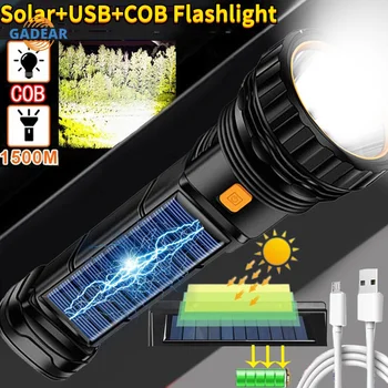 Фонарик для зарядки от USB + солнечной энергии, встроенный аккумулятор, фонарик с боковой подсветкой COB, фонари, Водонепроницаемый аварийный блок питания, ручной светильник