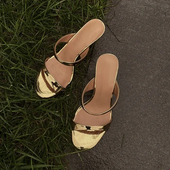 Хэйхайские тапочки; Новинка Лета 2023 года; Однотонные туфли на высоком каблуке с открытым носком в Корейском стиле; Модные Золотистые тапочки, подходящие для женщин 33-41