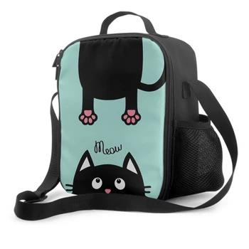 Черная кошка Смотрит вверх, изолированная сумка для ланча для школы, работы, пикника, Забавное лицо, Силуэт головы, Сумка-тоут, контейнеры для ланча, сумка-холодильник