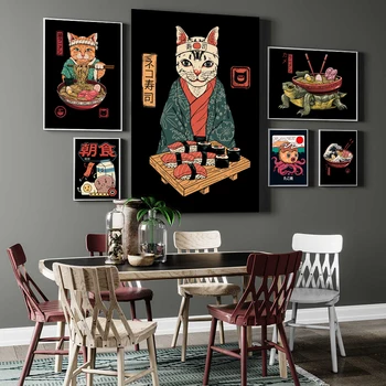 Японский Плакат Японская Вкусная Еда, Спагетти, суши, Настенное искусство, холст, живопись, Мультяшные картинки с кошками для кухни Ресторана